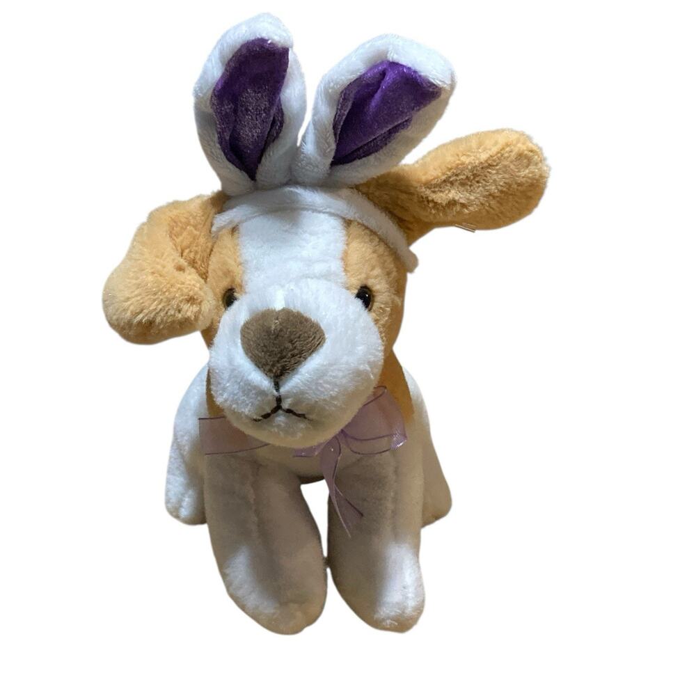 DAN DEE Plush Dog W/ Bunny Ears 10” Puppy Stuffed Easter Animal Tan White Purple